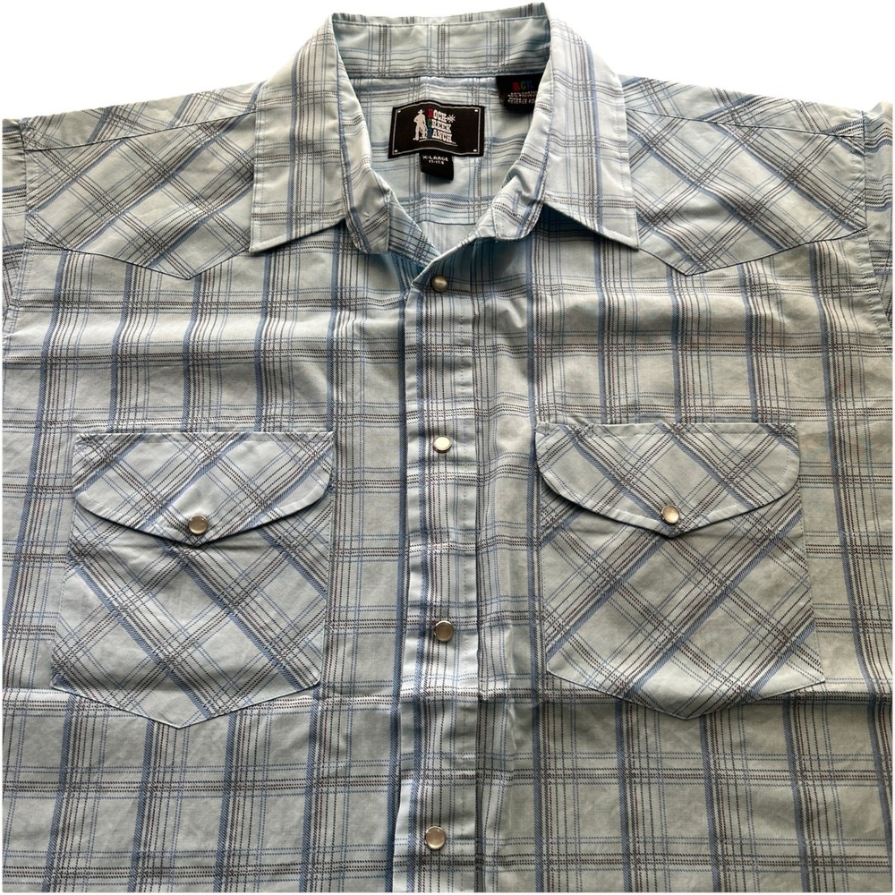 Rock Creek Ranch Men's XL Western Blue Plaid Pearl Snap Short Sleeve Button Down